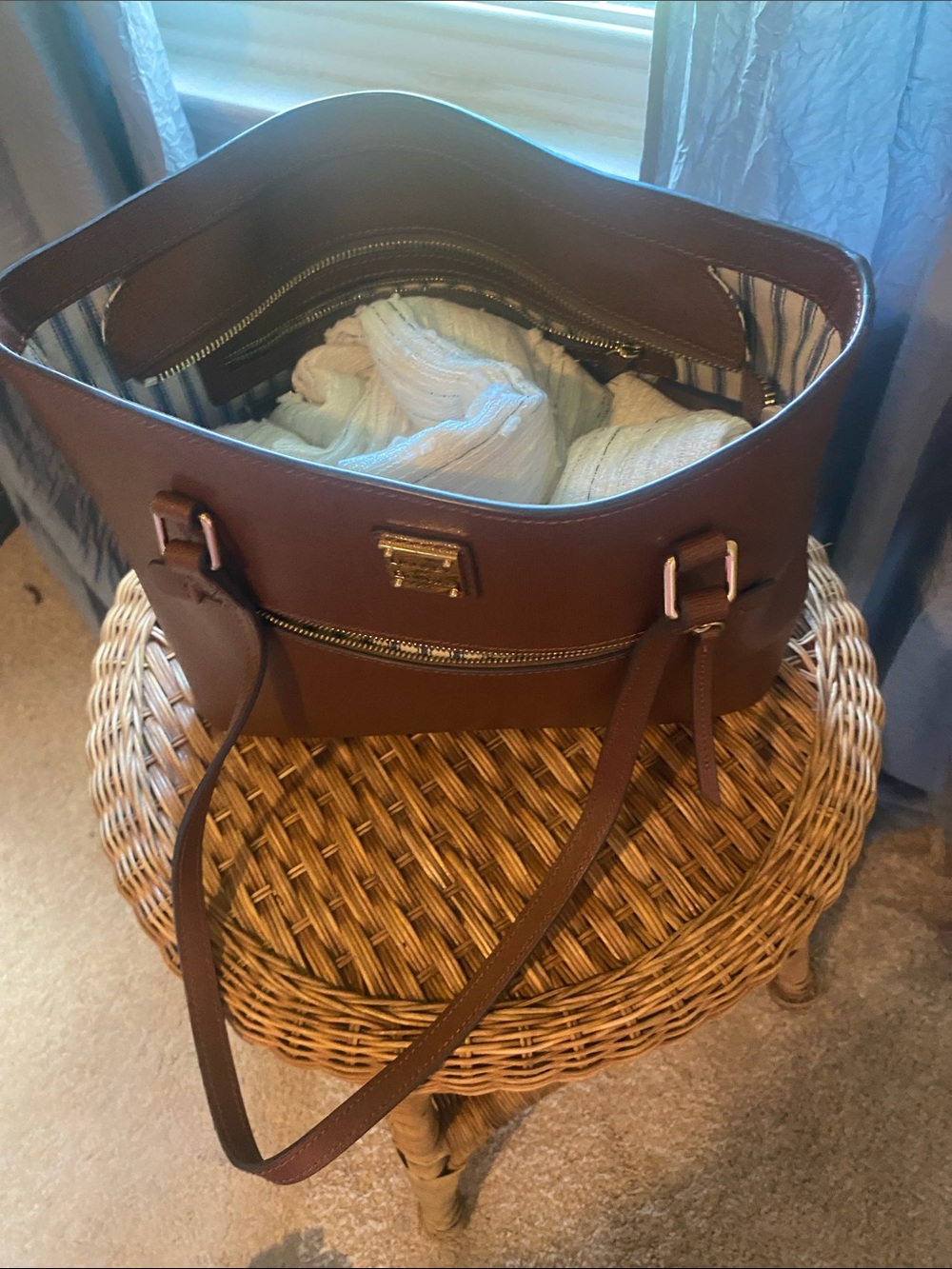 Everyday Brown Leather Tote with Striped Interior